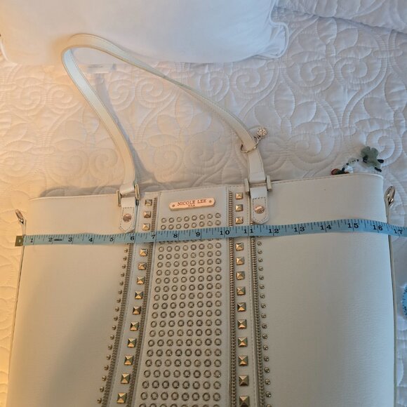 Nicole Lee U.S.A. Large White Studded Tote Bag – Spacious Shopper with Gold Hard - Picture 2 of 10